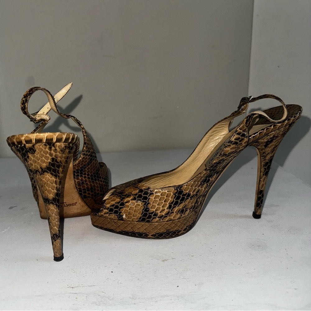 Jimmy Choo Vintage Snakeskin Leather Peep Toe Platform Slingback Pump Heels - Picture 7 of 14